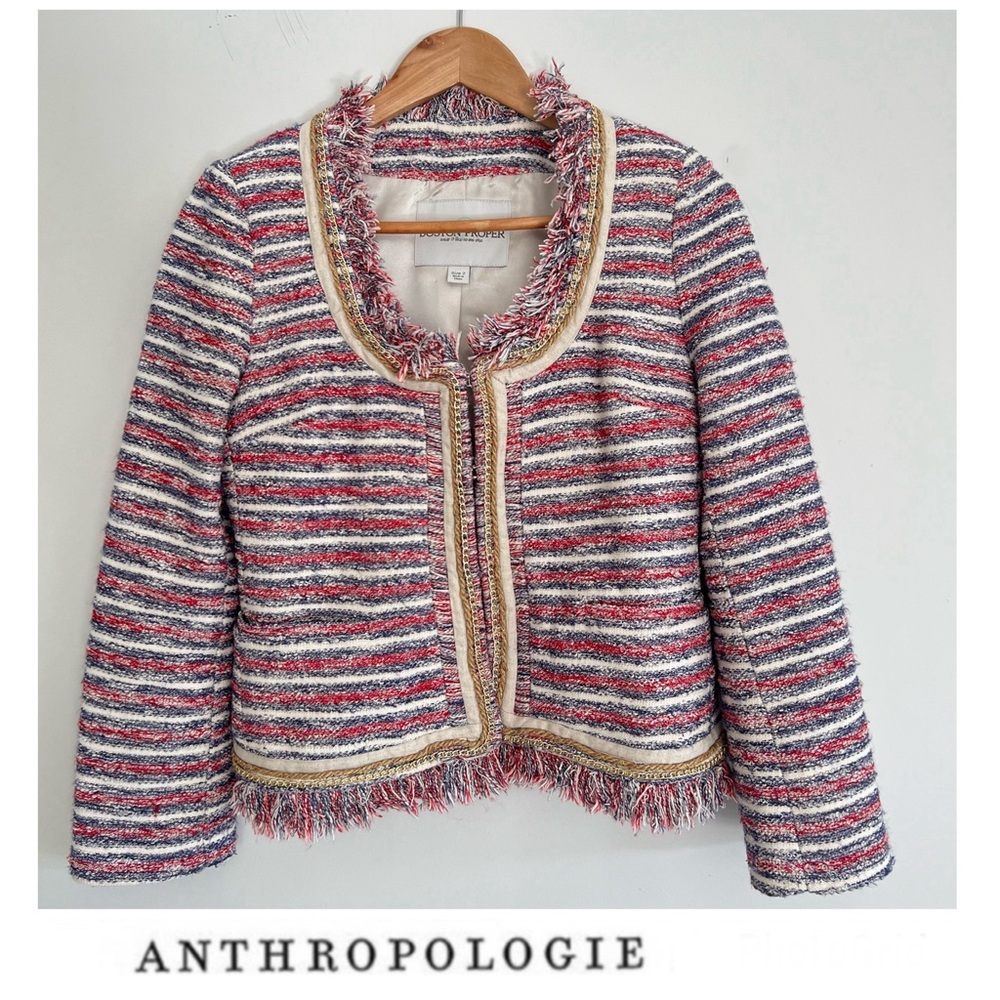 ANTHROPOLOGIE x Boston Proper Multicolor Tweed Striped Fringe Chain Jacket Sz 2